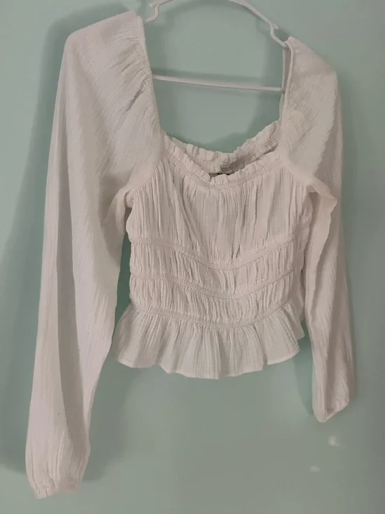 wild fable White Cropped Smocked Peasant Blouse with Ruffle Hem - Picture 3 of 8